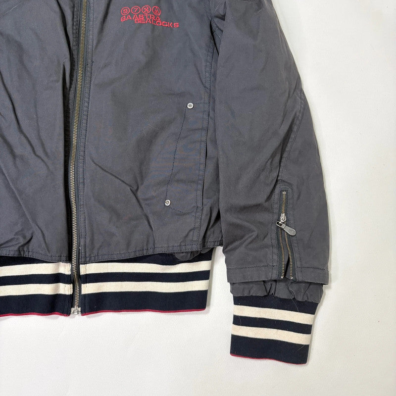 navy bomber jacket, thick striped waistband