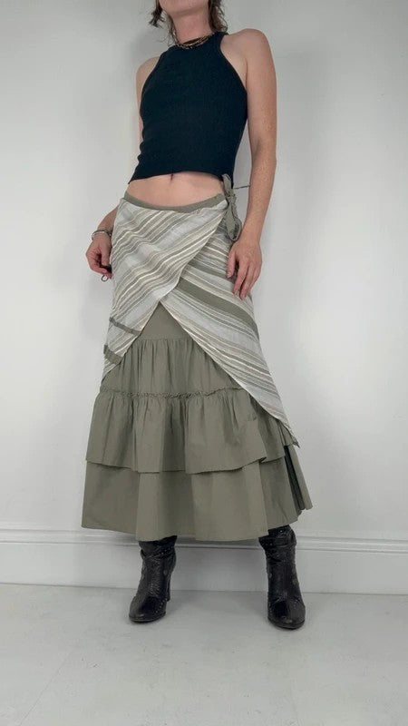 khaki layered pleated ruffle cotton maxi skirt