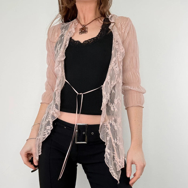 Pale pink floral lace gathered cinched blouse