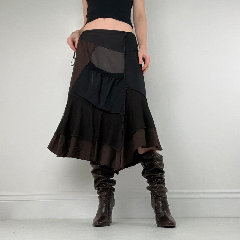 panelled patchwork asymmetric black midi skirt