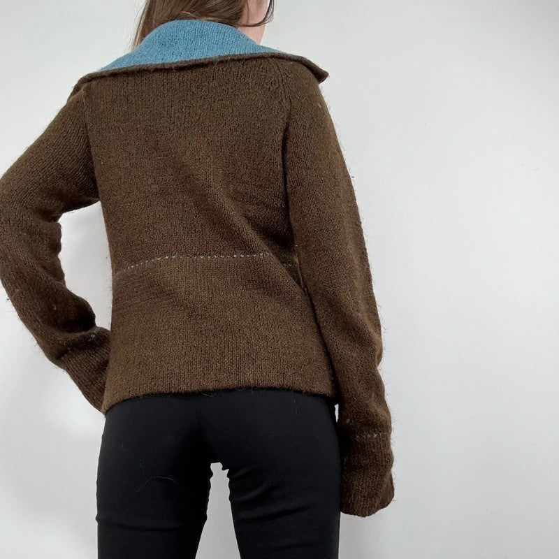 brown knit flared zip through cardigan