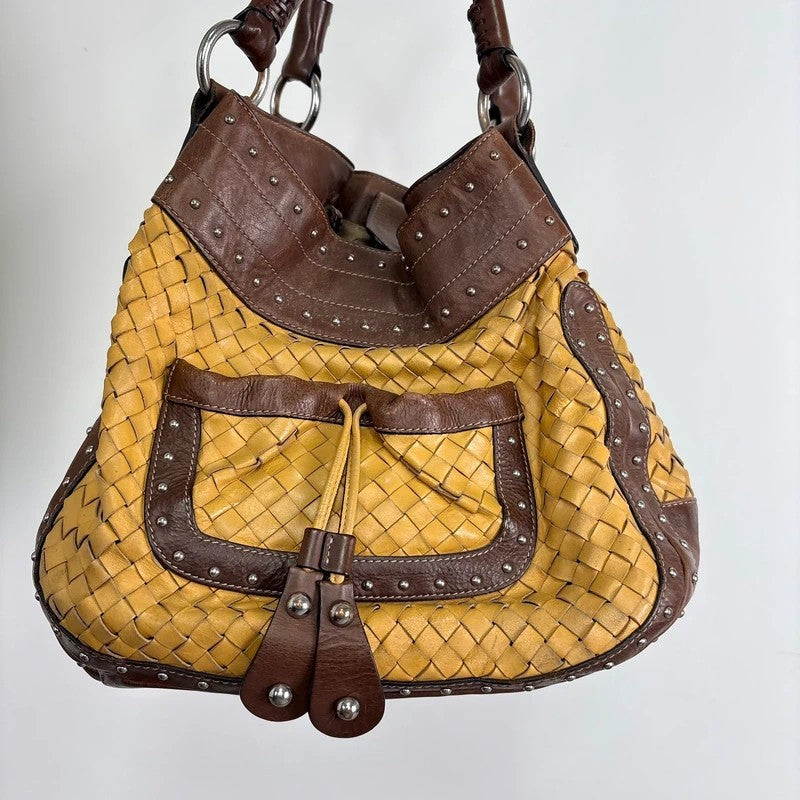 Woven leather brown Karen millen studded handbag