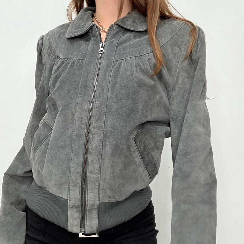 grey suede cropped puff bomber jacket