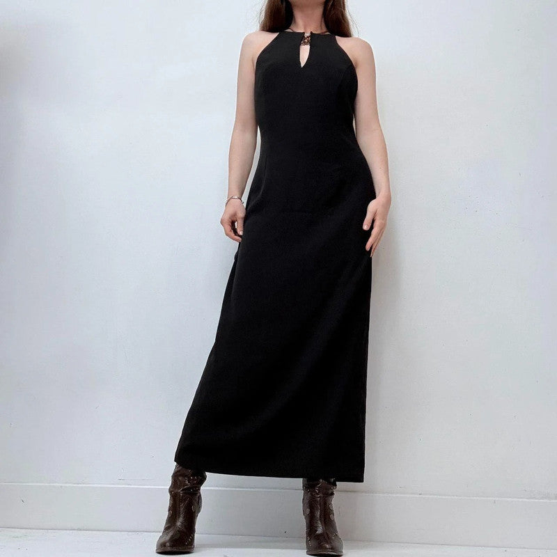 black a-line bias cut sleek 90s high neck dress
