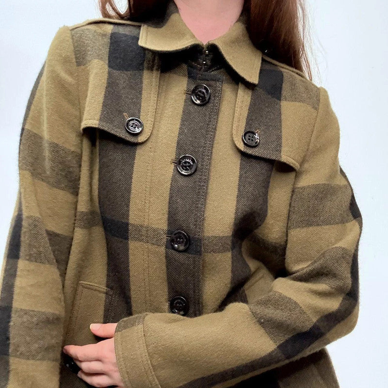 khaki Burberry tartan wool peacoat jacket