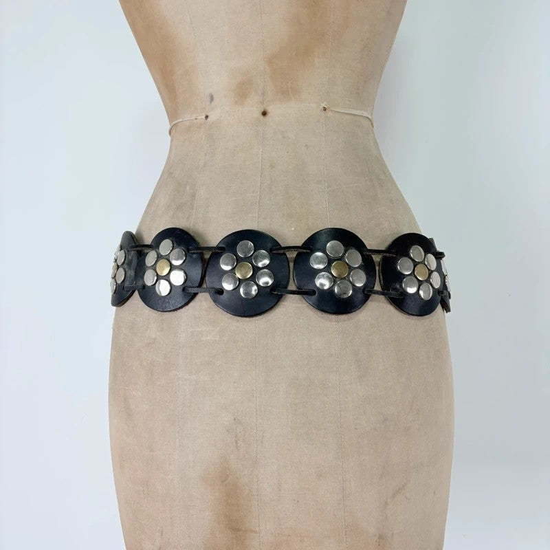 Black leather studded circle belt