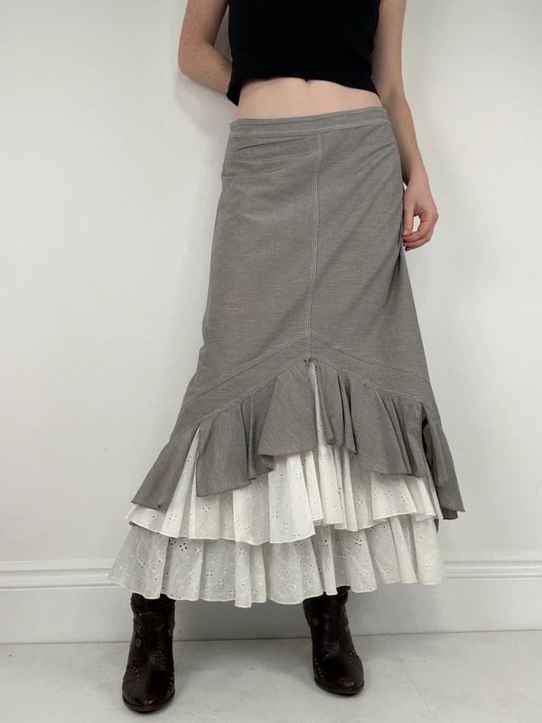 Pleated flared layered ruffle maxi skirt