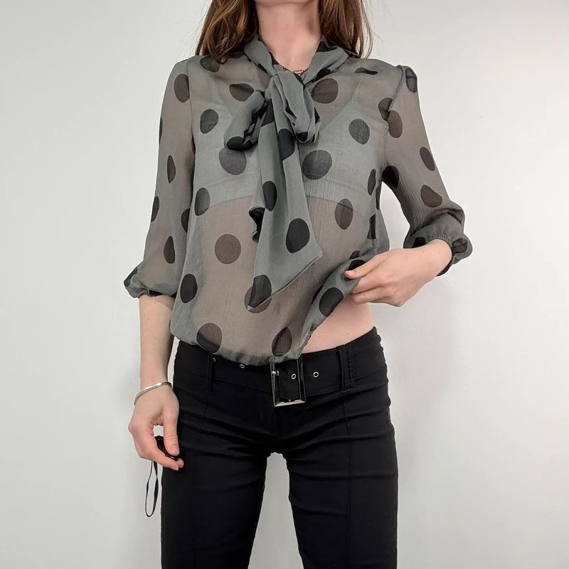 grey polkadot bow blouse