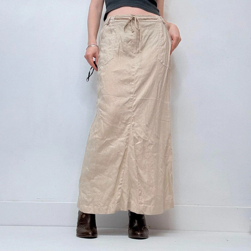 tan linen cargo maxi linen skirt