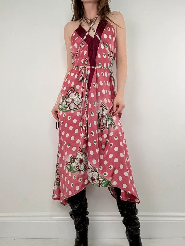 pink polkadot handkerchief maxi dress