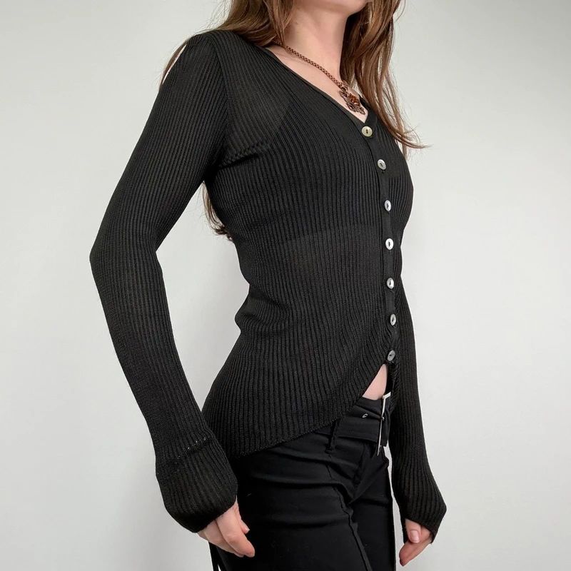 black semi sheer ribbed knit cardigan