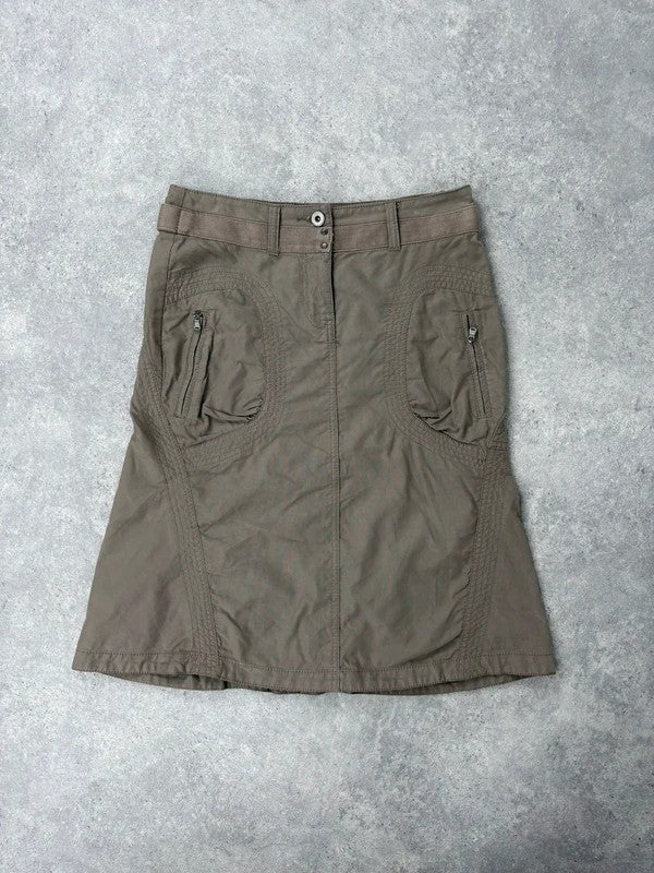 Khaki cotton cargo canvas a-line midi skirt