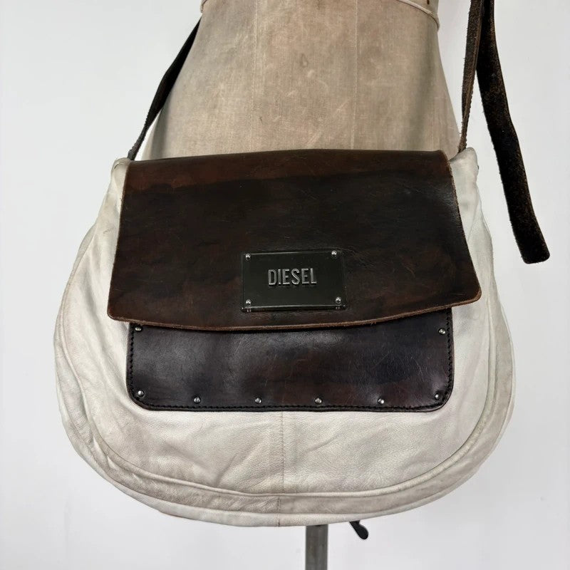 Distressed diesel leather slouchy messenger bag