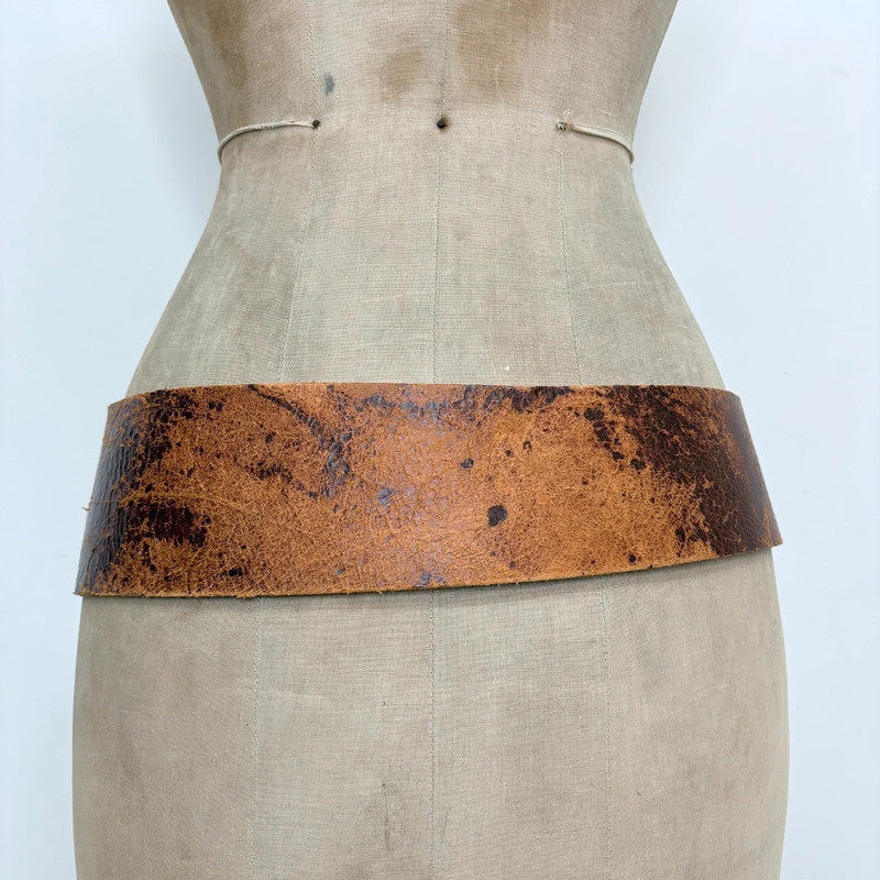 Distressed brown leather oversized thick belt
