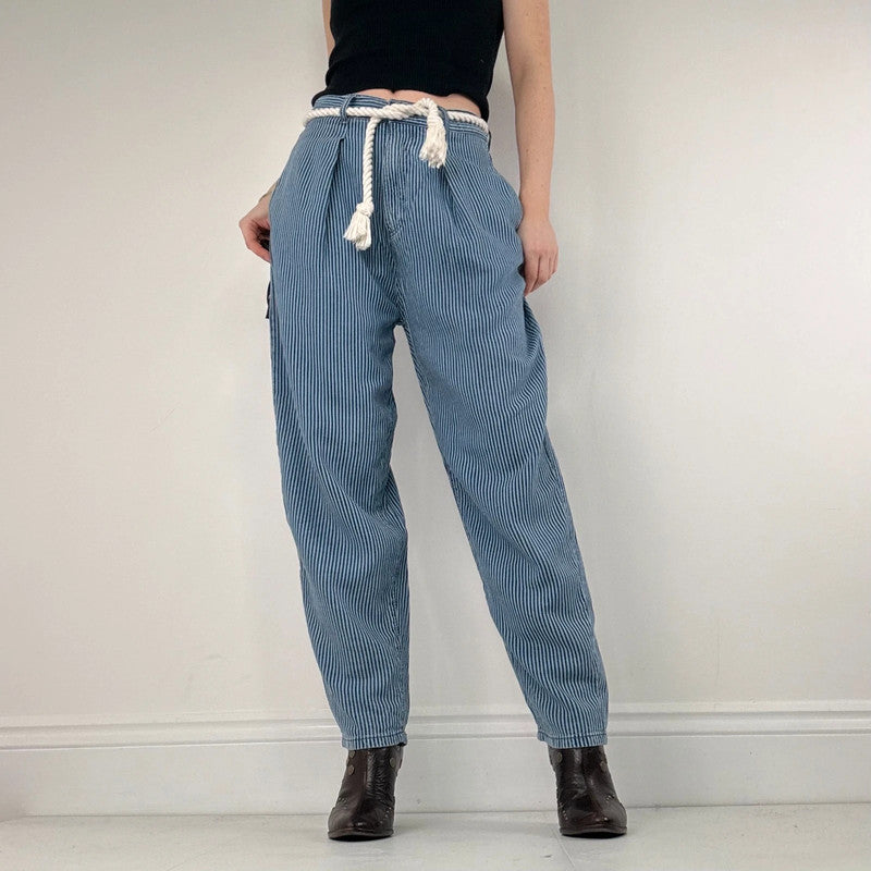 pleated pinstripe barrel trousers