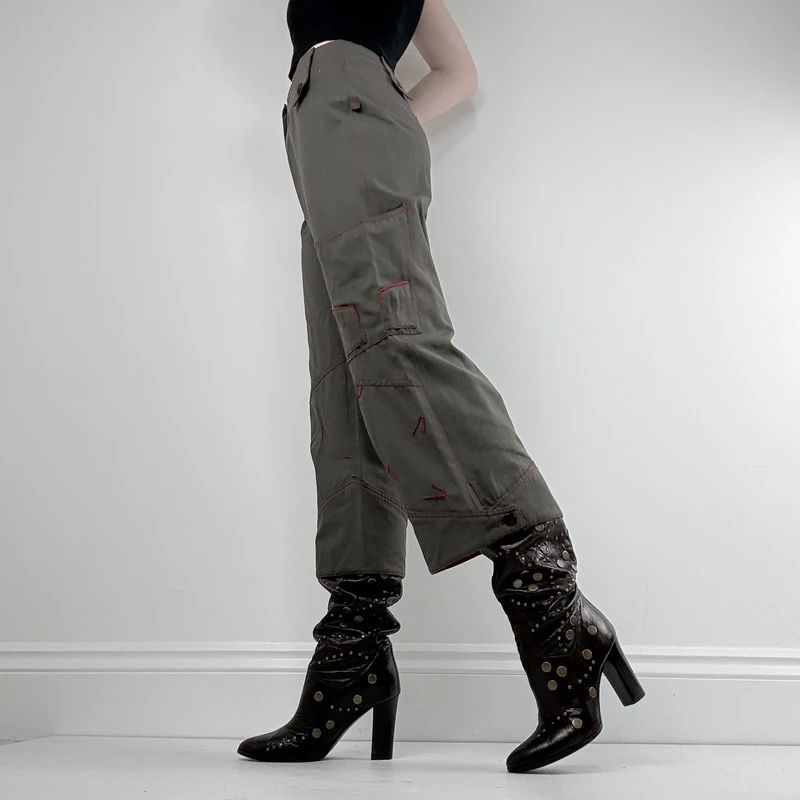 khaki cropped embroidered wide-leg trousers