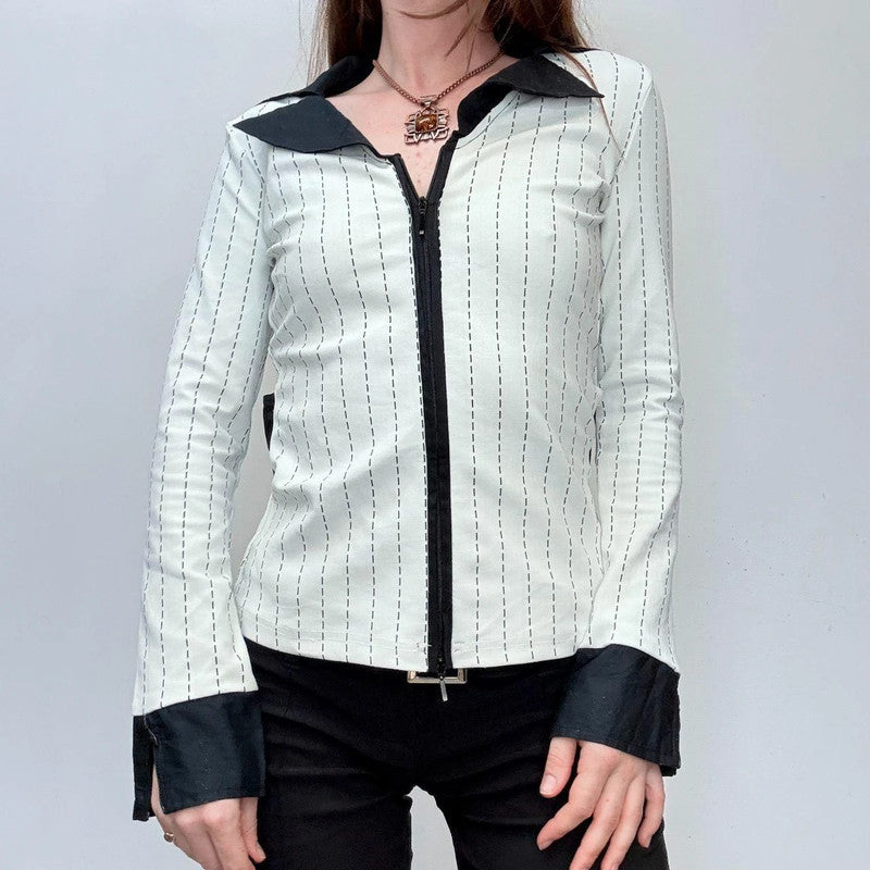 pinstripe officecore zipper flare shirt
