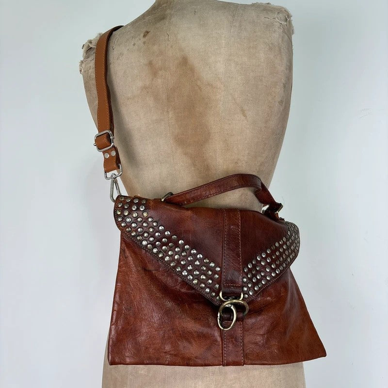 Studded distressed brown leather cargo messenger bag