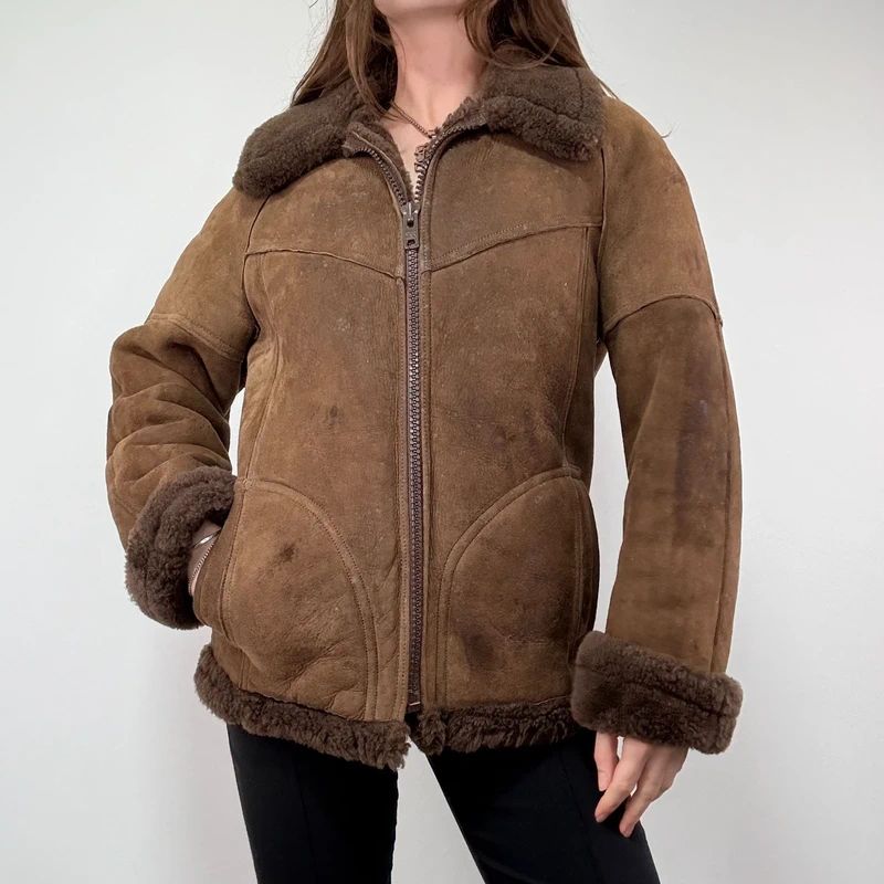 brown shearling aviator vintage jacket with zipper