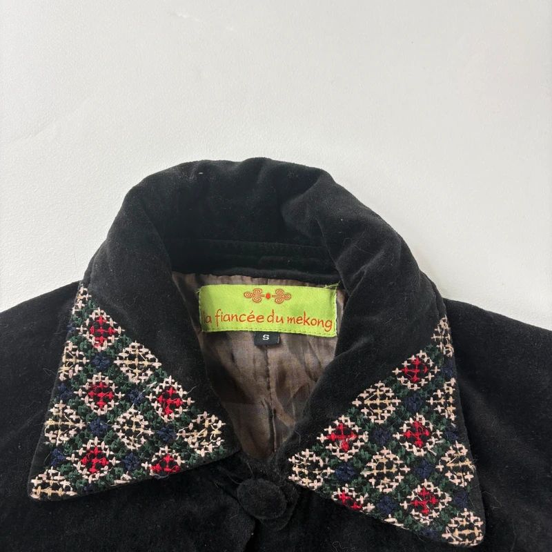 embroidered black velvet longline jacket