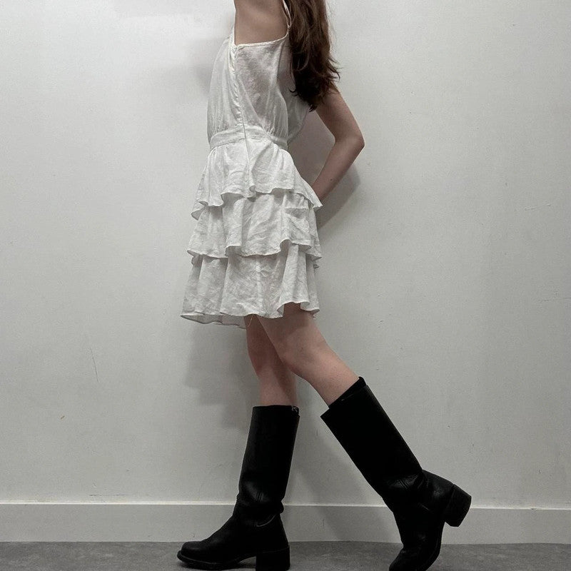 white linen ruffle dress