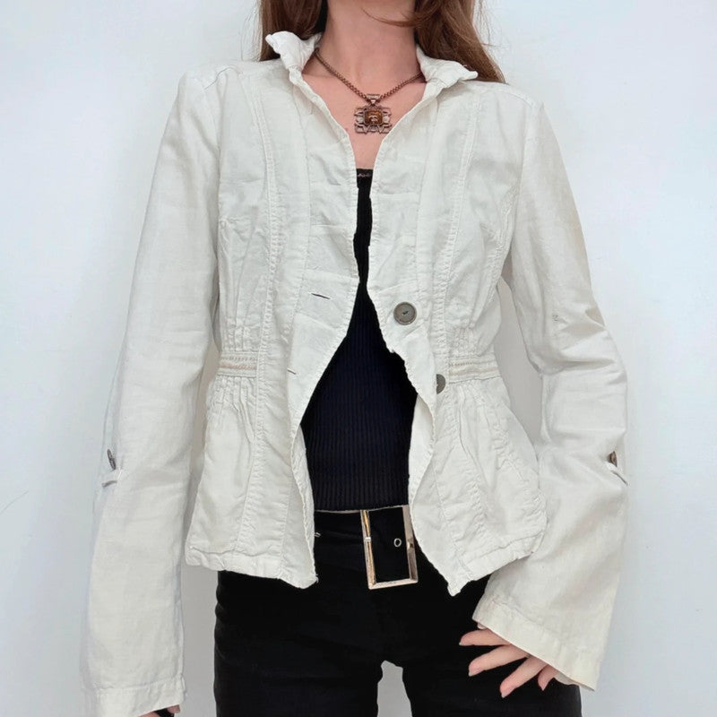 white linen fitted flared regency napoleonic jacket