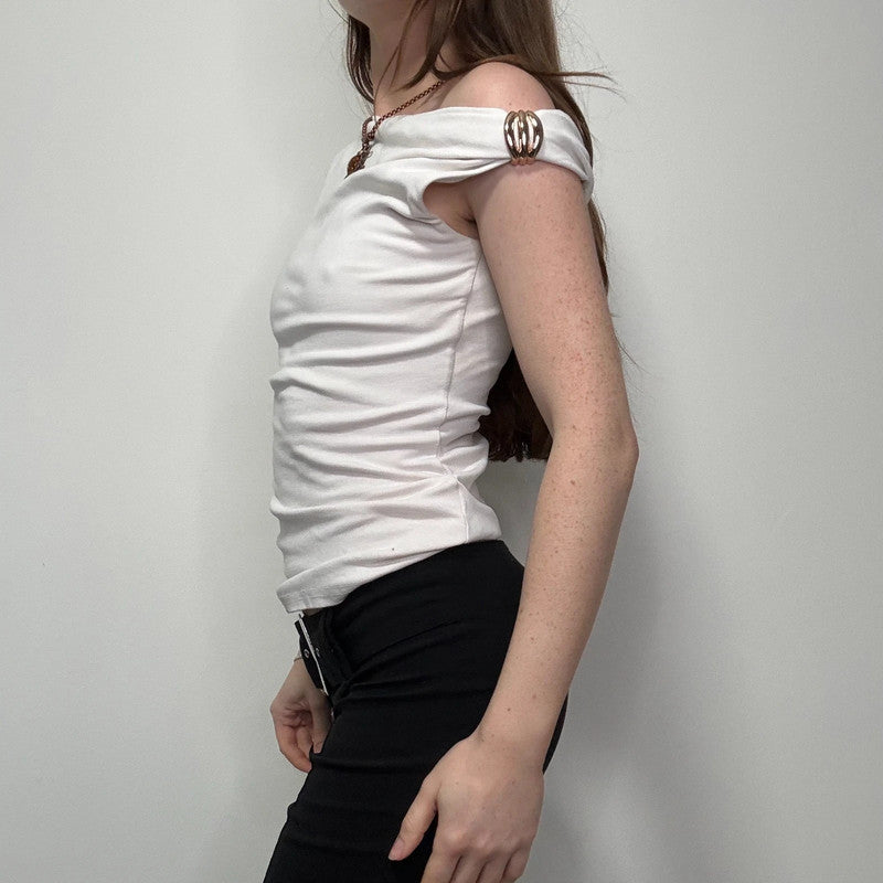 white asymmetric off the shoulder t-shirt