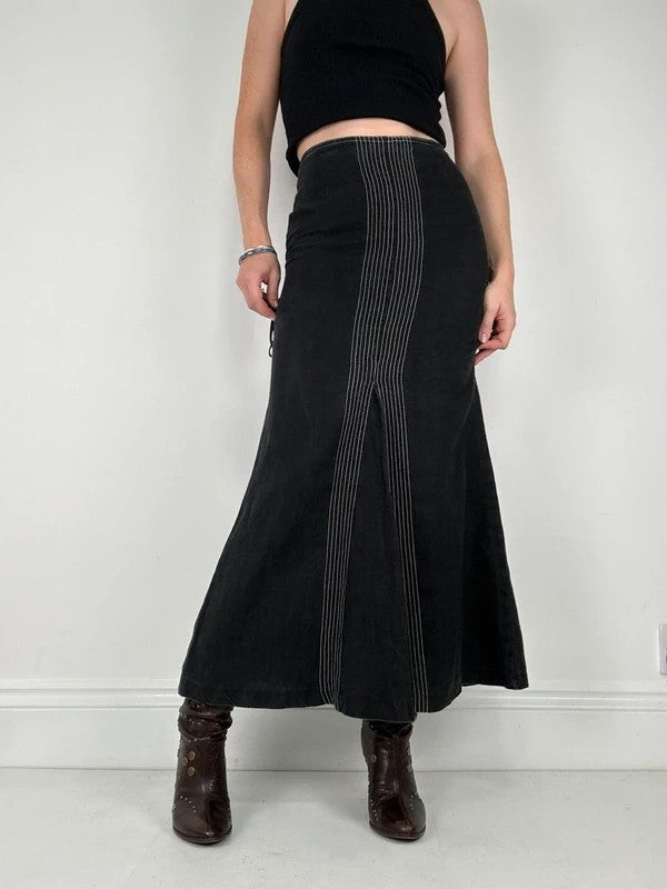 black linen high-waisted stitched flare maxi skirt