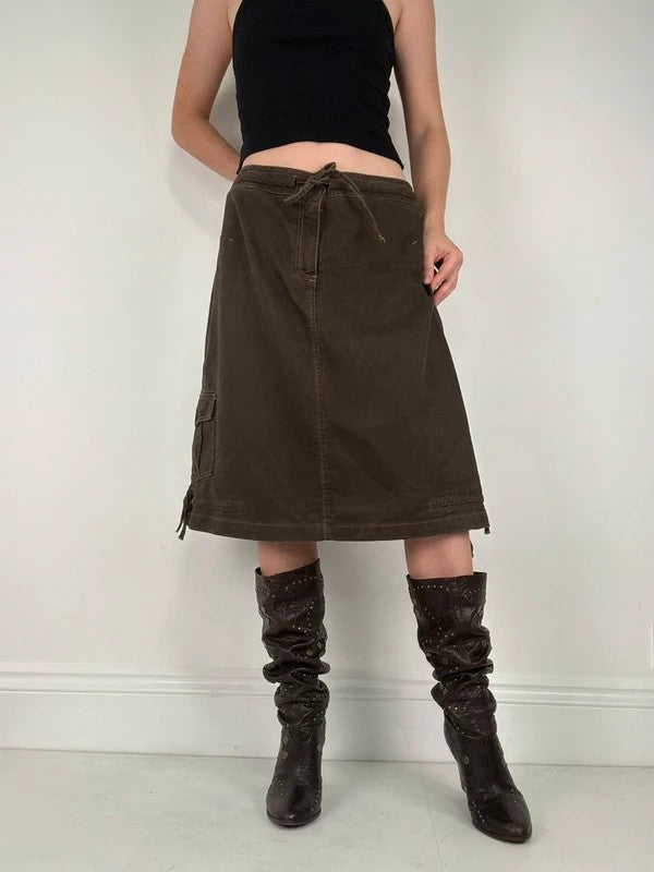 brown khaki pinstripe a-line midi skirt