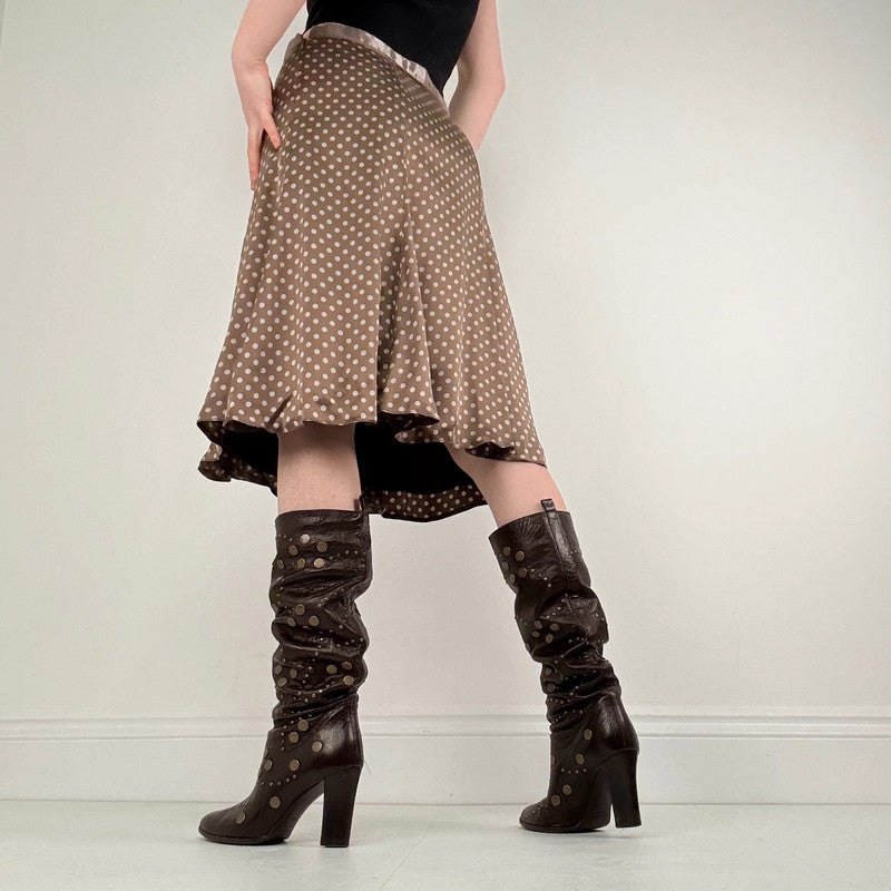 brown silk polka dot midi skirt