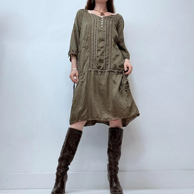 khaki silk lace boho dress