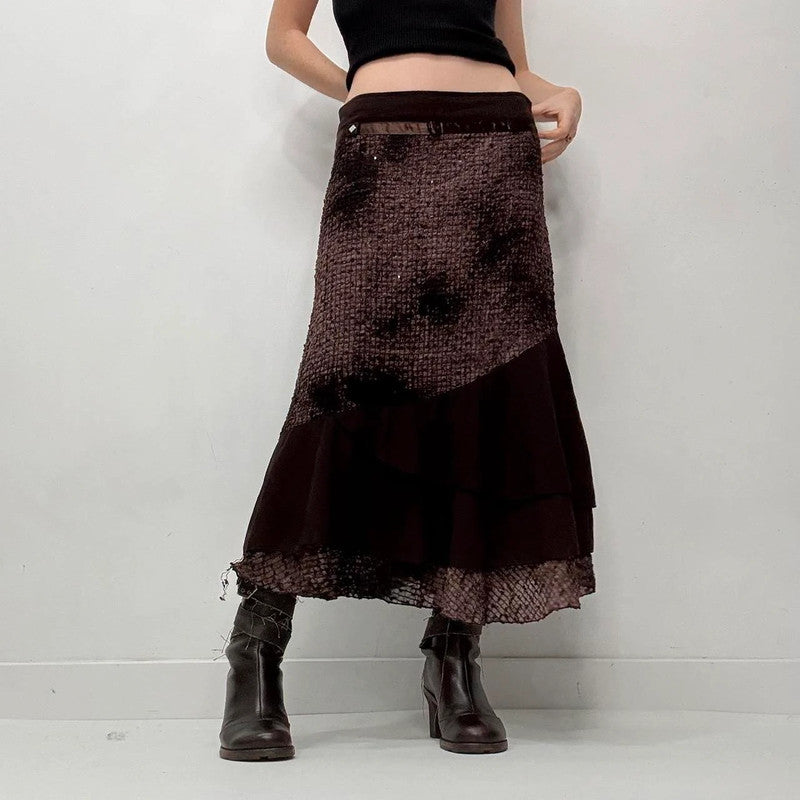 brown distressed textured layered maxi skirt