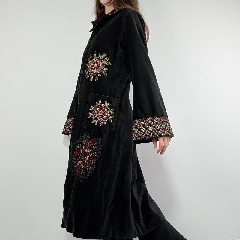 embroidered black velvet longline jacket
