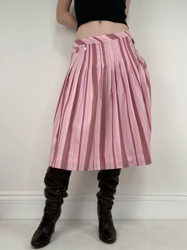 pink cotton pleated pinstripe flared midi skirt