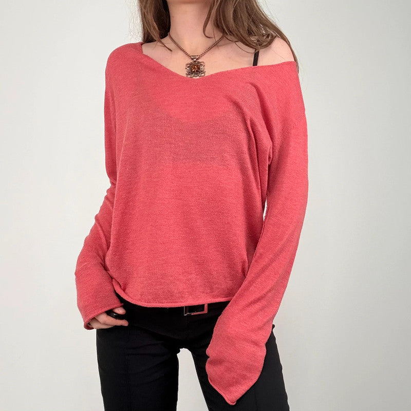 pink slouchy knit off the shoulder jumper