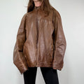 Brown Oversized Leather Bomber Jacket