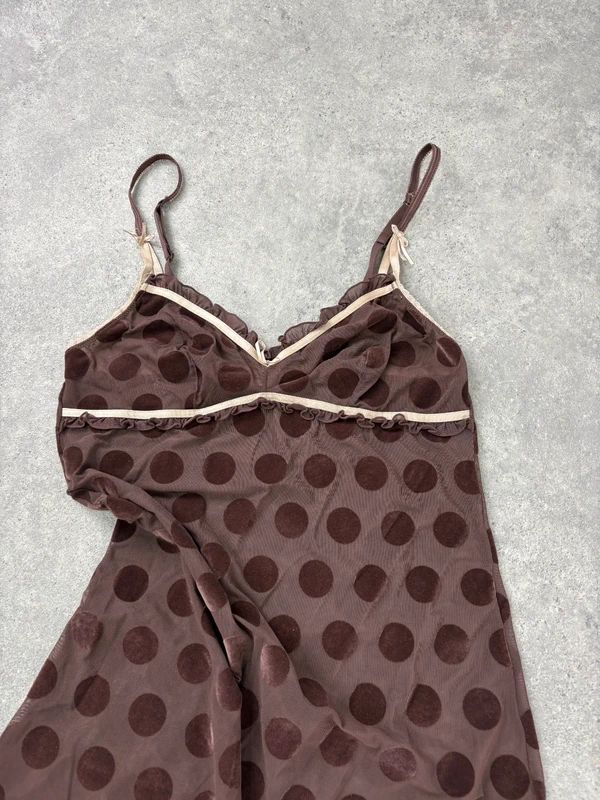 brown polkadot sheer mini slip dress