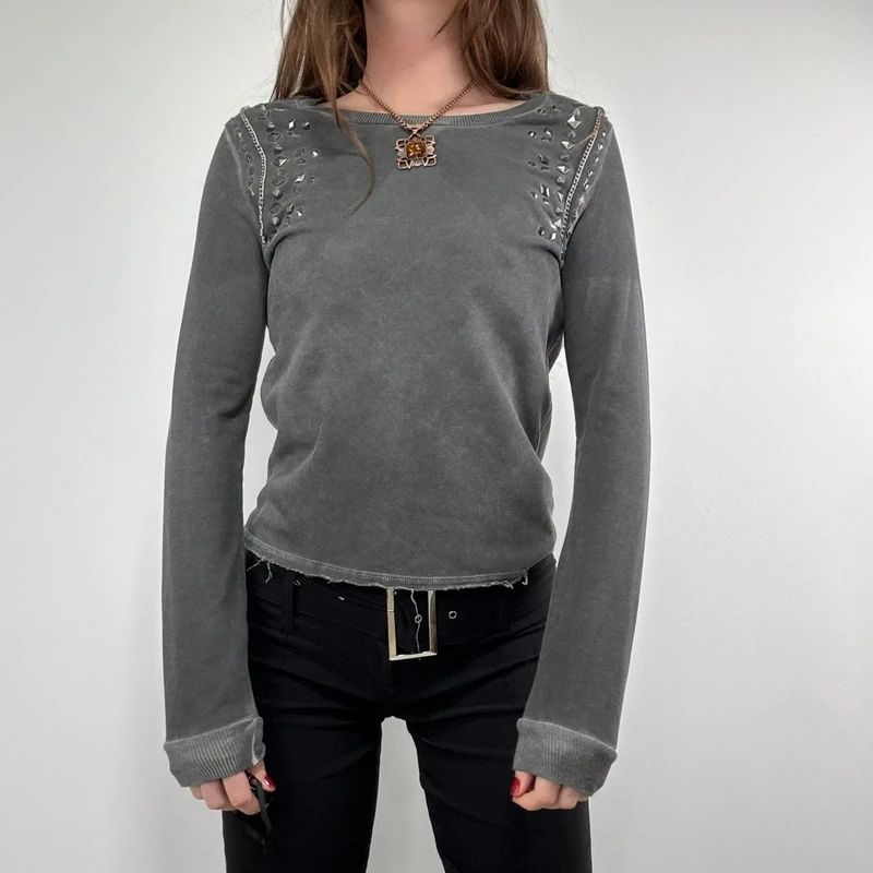 distressed cotton studded cropped sweatshirt