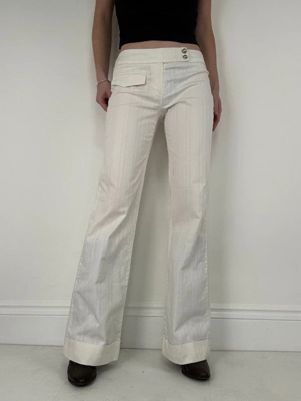 Lot rise white cotton pinstripe flared trousers