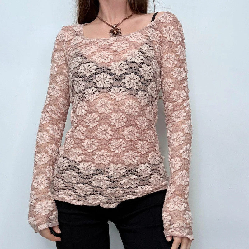 pink lace floral long sleeve top