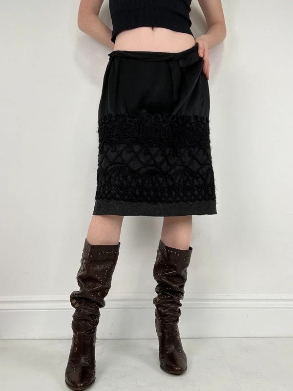 black silk embroidered napoleonic wool midi skirt