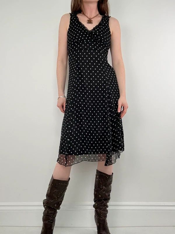 silk black and white polkadot slip dress