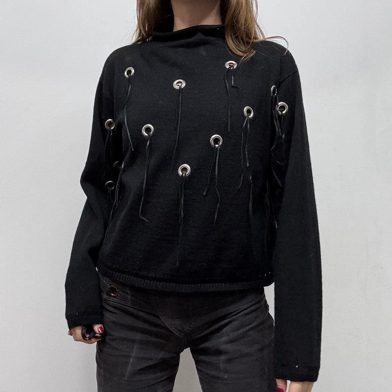black knit eyelet studded jumper