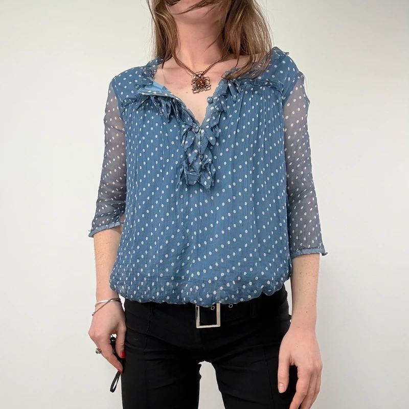 Blue Polka Dot Sheer Silk flutter Blouse