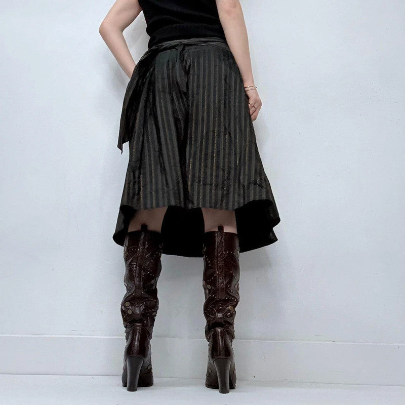 black pinstripe flared midi skirt