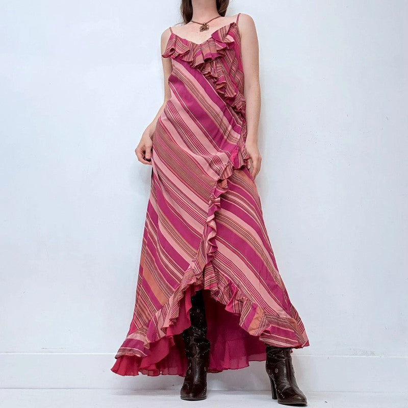 silk bias cut pinstripe silk maxi dress