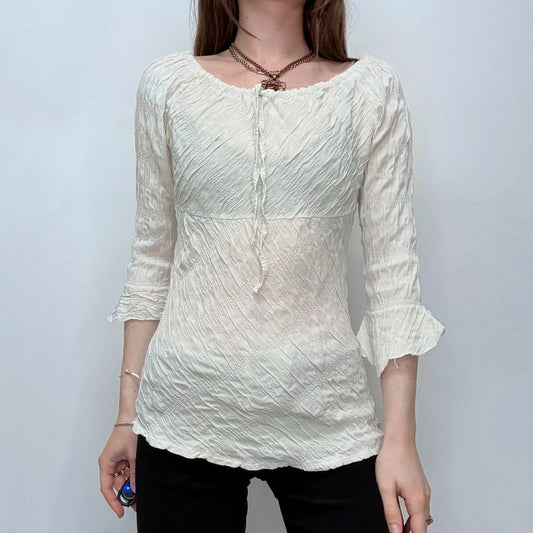 cream flared wide neck crinkle shirt