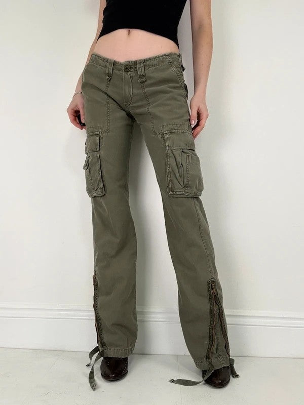 Low rise khaki flared cargo utility trousers