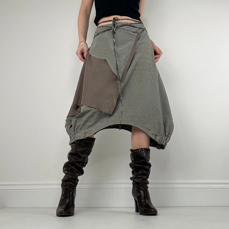 asymmetric gathered puff pleated khaki midi skirt