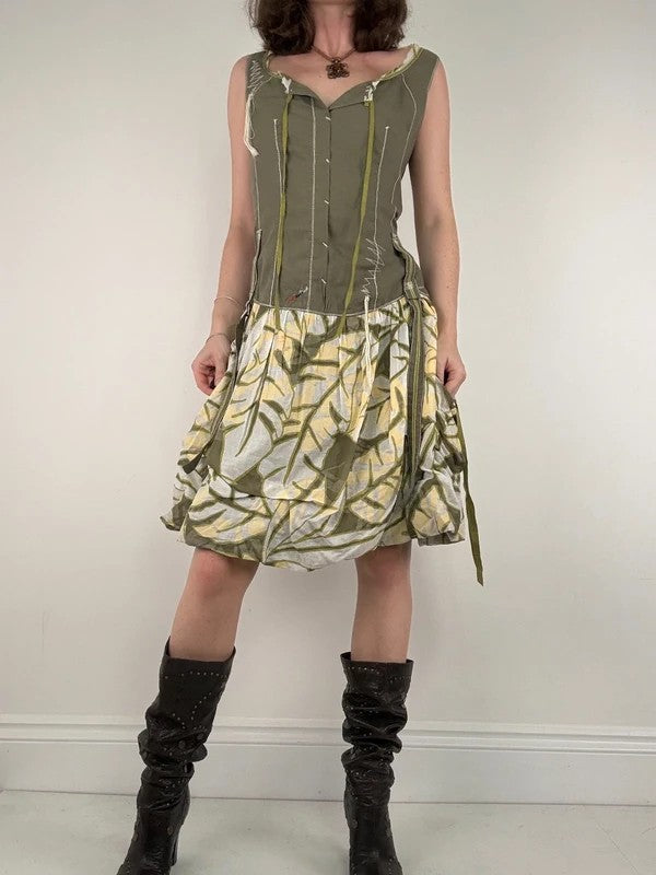 Cargo khaki patterned toggle midi puff dress